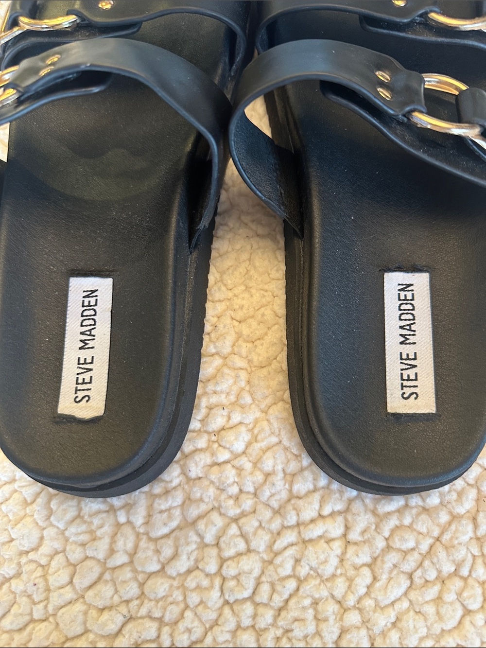 Steve Madden Black Slide Sandals with Gold Buckles Sz 8.5 - Picture 6 of 10